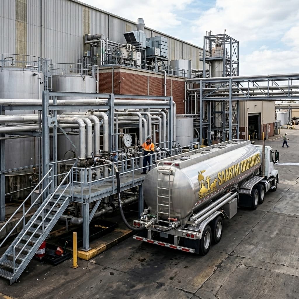 Saarthi Organics liquid transport tanker fleet parked at dispatch depot
