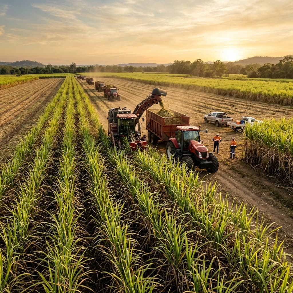 Harvesting sugarcane in agricultural mill sourcing fields